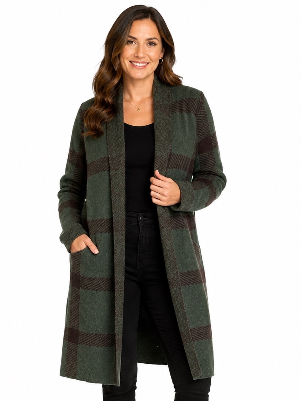 Suzy Shier Green and Black Plaid Open-Front Cardigan